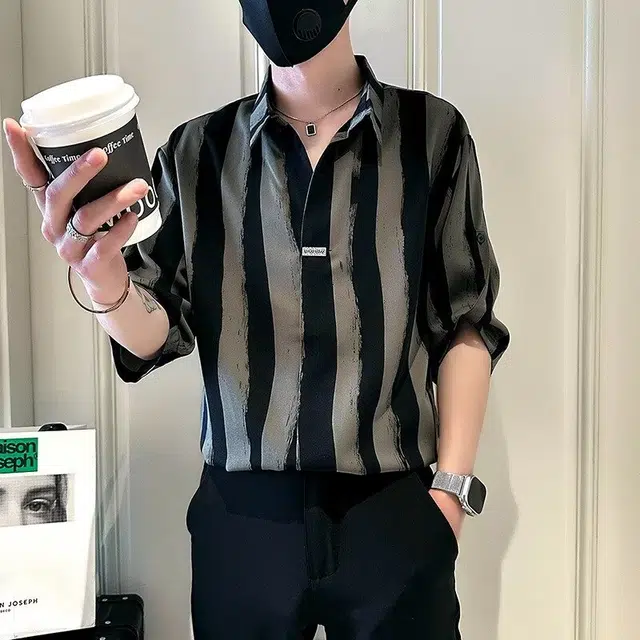 木木兔 百搭简约经典基础款条纹短袖衬衫 男款