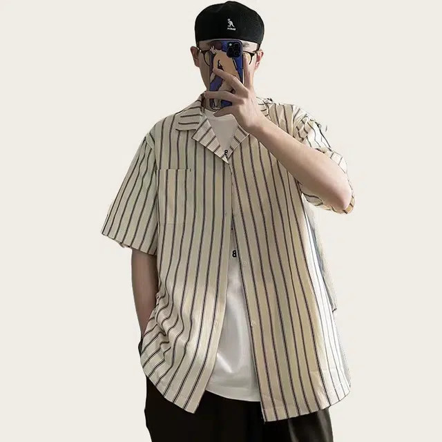 木木兔 百搭竖条纹休闲透气时尚简约轻便轻便简约日系潮流宽松短袖衬衫 男款