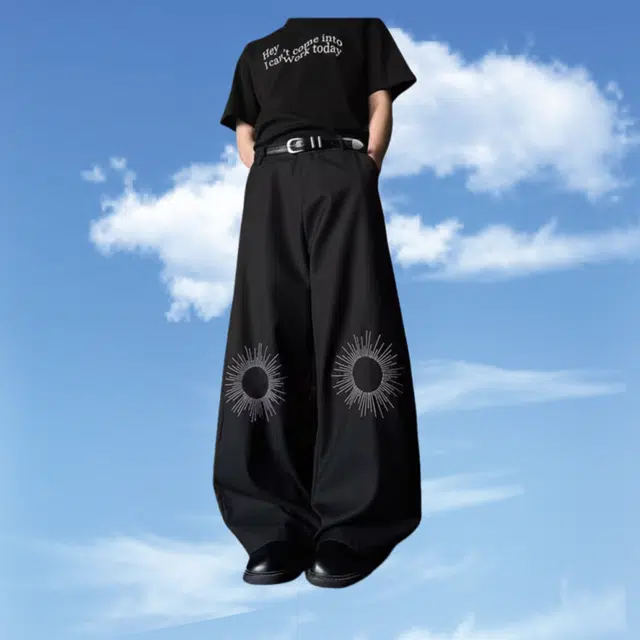 木木兔 美式高级感刺绣透气时尚简约轻便弧形垂感阔腿休闲裤 男款