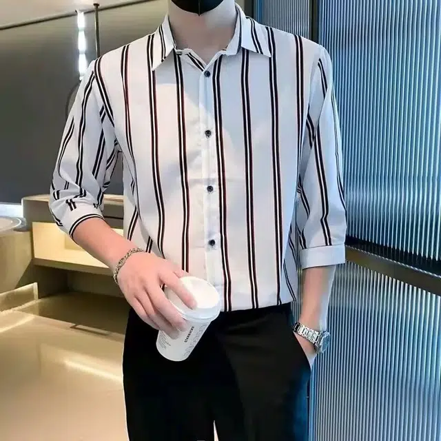 木木兔 百搭休闲透气时尚简约轻便轻便条纹短袖衬衫 男款
