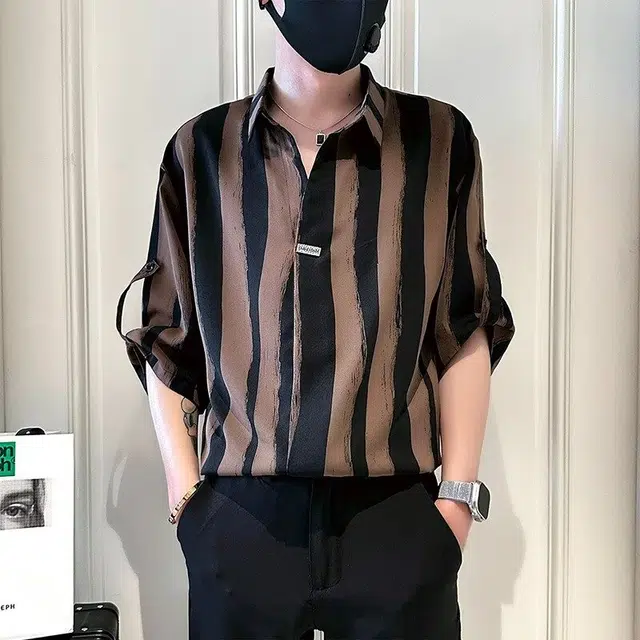 木木兔 百搭简约经典基础款条纹短袖衬衫 男款