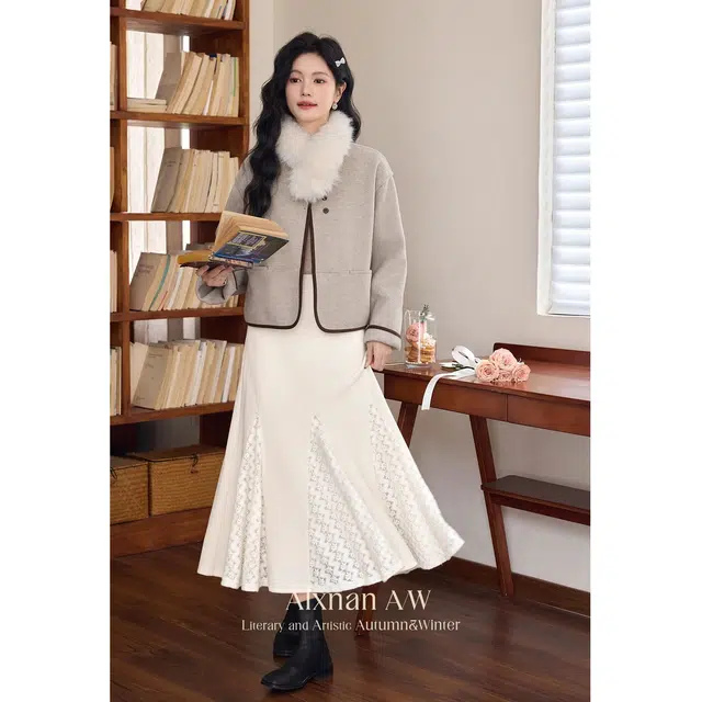 鹿向南 保暖蕾丝休闲长裙 女款 杏色