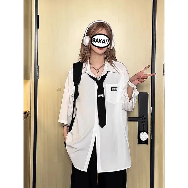 黑马漫画 美式百搭休闲宽松短袖衬衫 男女同款