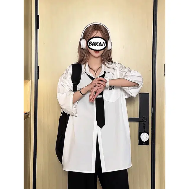 黑马漫画 美式百搭休闲宽松短袖衬衫 男女同款