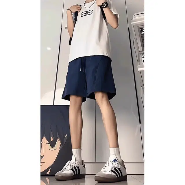 黑马漫画 美式斜切速干薄款户外沙滩裤凉感直筒宽松五分裤子休闲短裤 男女同款