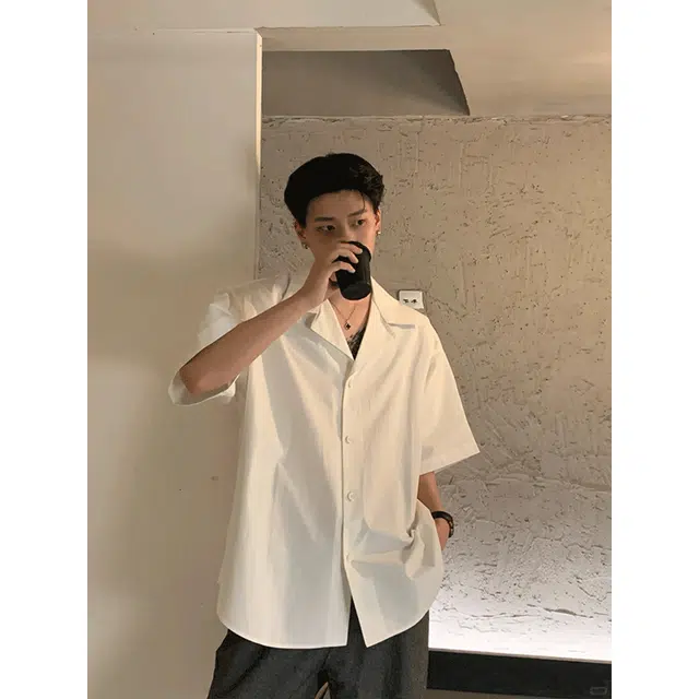 黑马漫画 薄款高级潮牌痞帅宽松休闲短袖衬衫 男女同款