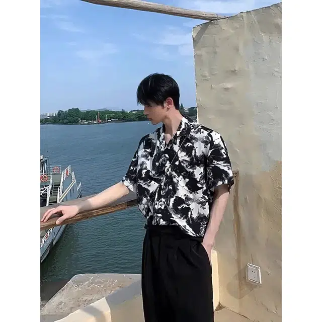 黑马漫画 垂感古巴领衬衣美式防晒外套短袖衬衫 男女同款 水墨黑