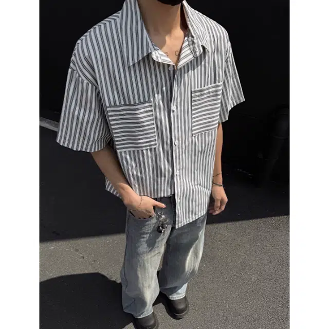 黑马漫画 美式复古小众设计感条纹翻领短袖衬衫 男女同款