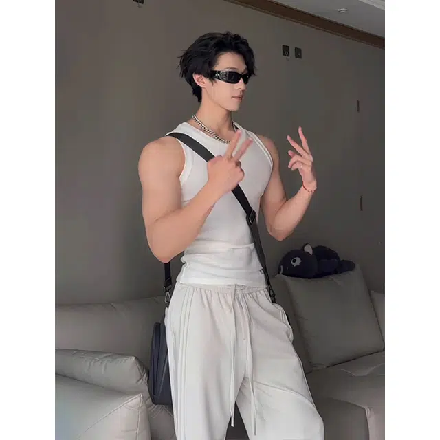 黑马漫画 螺纹美式健身运动修身速干坎肩老头汗衫无袖背心 男女同款