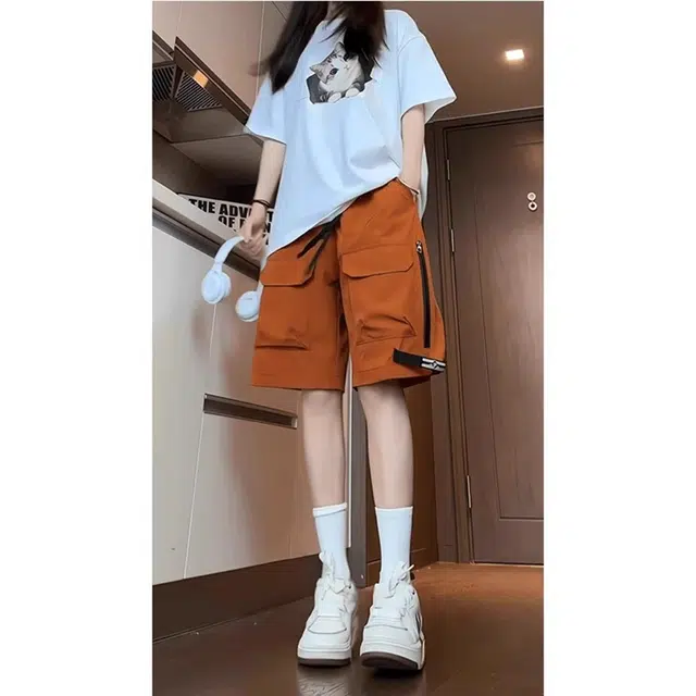 黑马漫画 美式潮牌高街潮流炸街痞帅山系机能工装五分裤夏季薄款外穿速干裤子宽松直筒裤休闲短裤 男女同款
