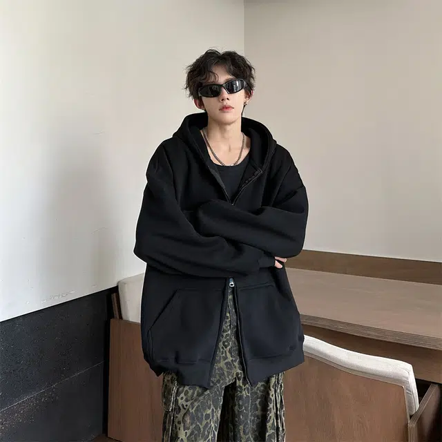黑马漫画 纯色连帽秋季高街情侣开衫外套潮牌宽松痞帅上衣长袖卫衣 男女同款
