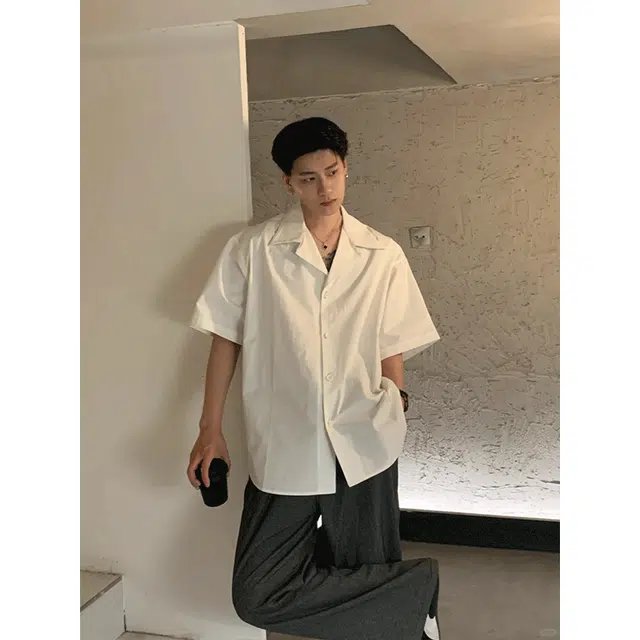 黑马漫画 薄款高级潮牌痞帅宽松休闲短袖衬衫 男女同款