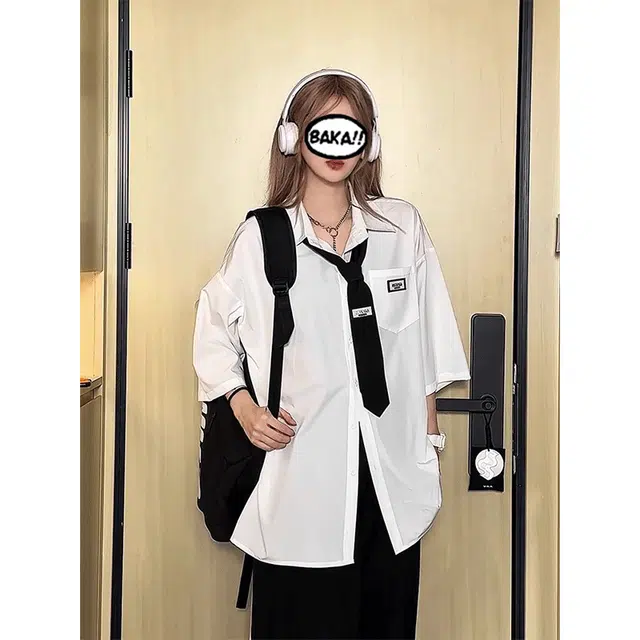 黑马漫画 美式百搭休闲宽松短袖衬衫 男女同款