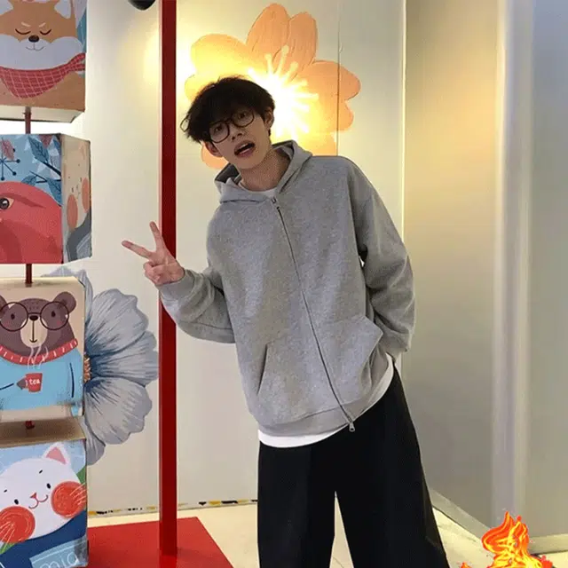 黑马漫画 纯色连帽秋季高街情侣开衫外套潮牌宽松痞帅上衣长袖卫衣 男女同款