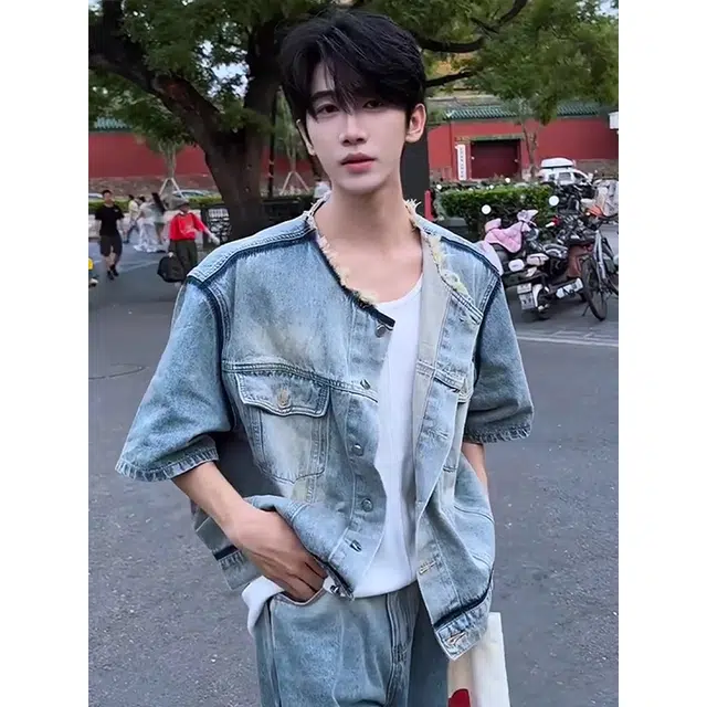 黑马漫画 小香风毛领短袖衬衫薄款短款美式高街水洗做旧牛仔外套 男女同款
