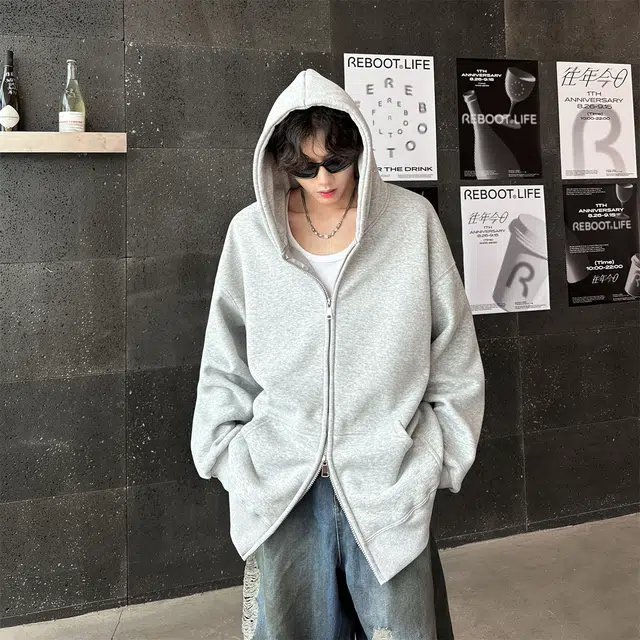 黑马漫画 纯色连帽秋季高街情侣开衫外套潮牌宽松痞帅上衣卫衣 男女同款