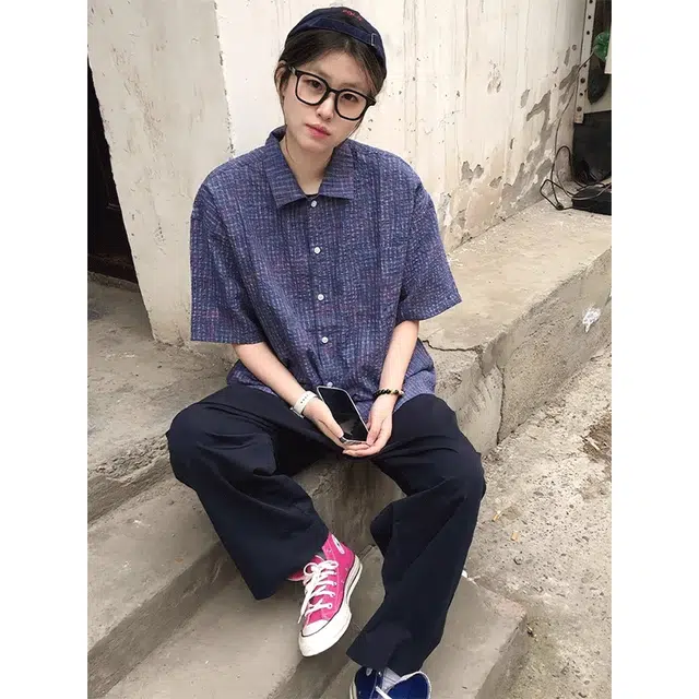 黑马漫画 美式格纹泡泡纱夏季薄款理肌感透气衬衣多巴胺情侣外套短袖衬衫 男女同款