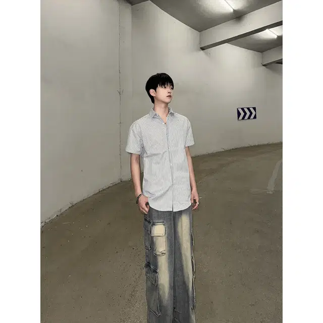 黑马漫画 高级感条纹夏季设计感韩版休闲廓形衬衣外套小众短袖衬衫 男女同款