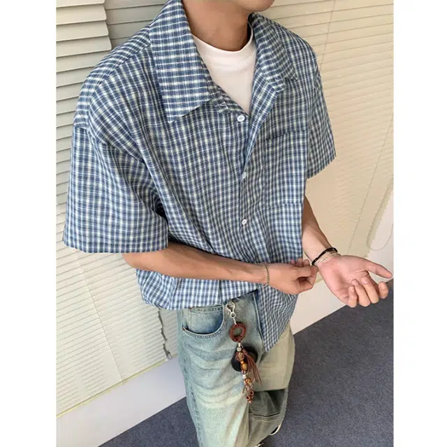 黑马漫画 美式复古潮流痞帅翻领格子短袖衬衫 男女同款