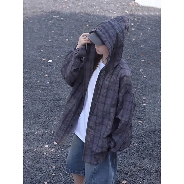 黑马漫画 美式格纹连帽慵懒风长袖 超轻防晒服 男女同款