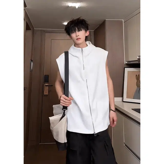 黑马漫画 高街美式设计感连帽坎肩薄款无袖背心 男女同款