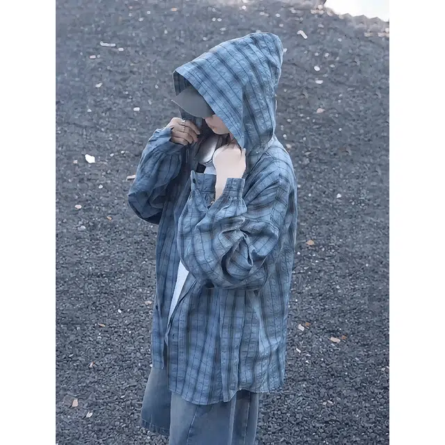 黑马漫画 扎染格子薄款速干防晒连帽长袖衬衫 男女同款