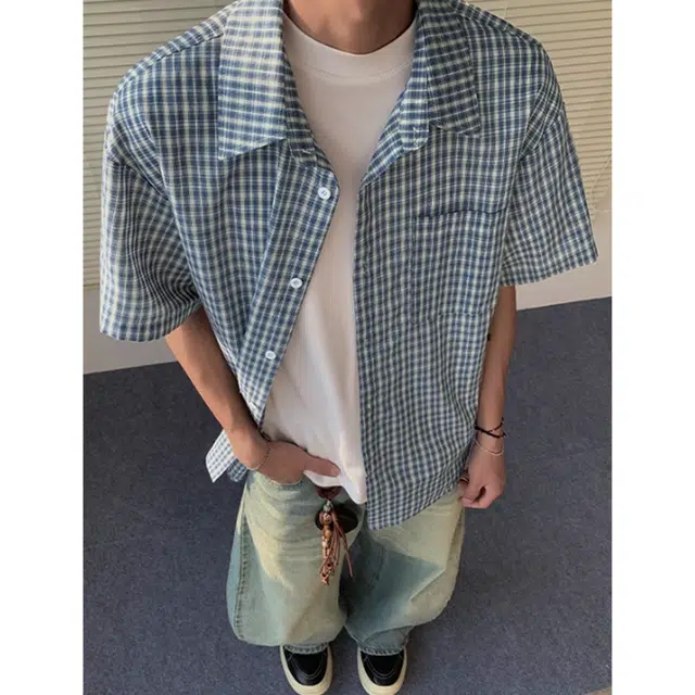 黑马漫画 美式复古潮流痞帅翻领格子短袖衬衫 男女同款