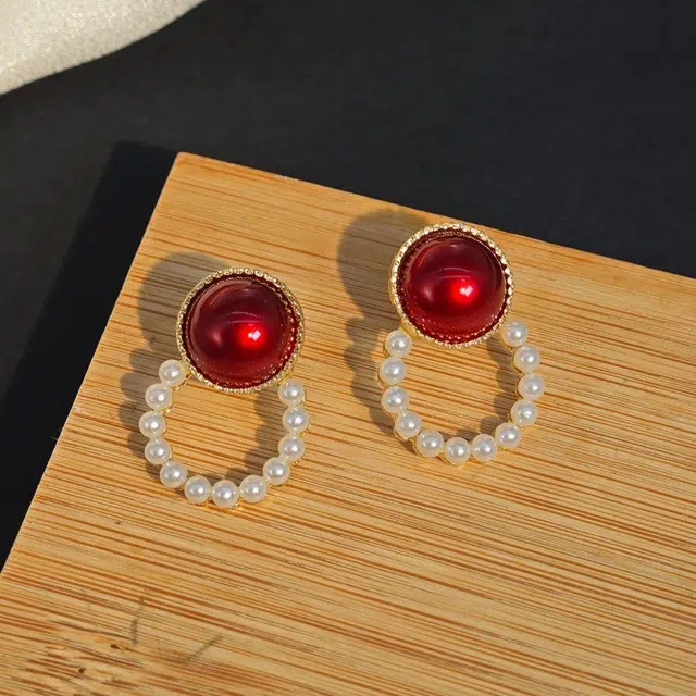 彤彤兔 红色圆圈耳环女气质轻奢风高级感耳饰品 合金树脂 耳钉 女款