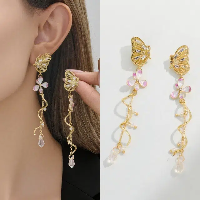 彤彤兔 梦幻不对称蝴蝶花朵耳环女复古耳坠超仙耳饰品#好运 合金树脂 耳钉 女款