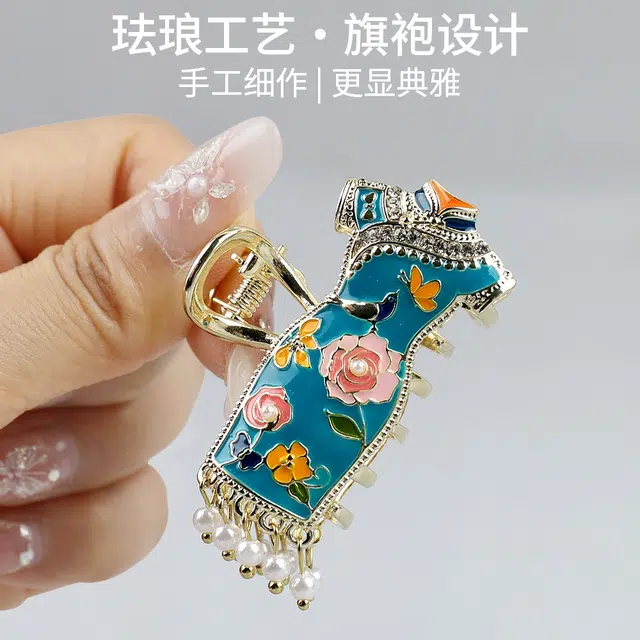 彤彤兔 小众设计感珐琅彩半扎发抓夹中号手绘花朵旗袍发饰 锌合金 发夹 女款