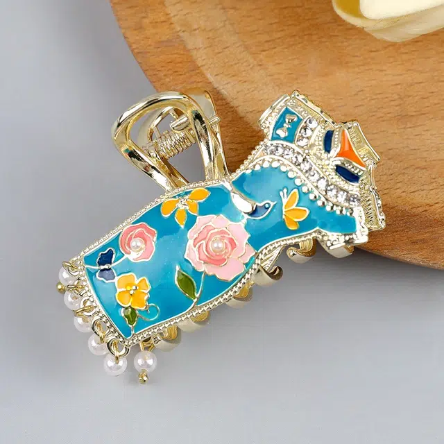 彤彤兔 小众设计感珐琅彩半扎发抓夹中号手绘花朵旗袍发饰 锌合金 发夹 女款