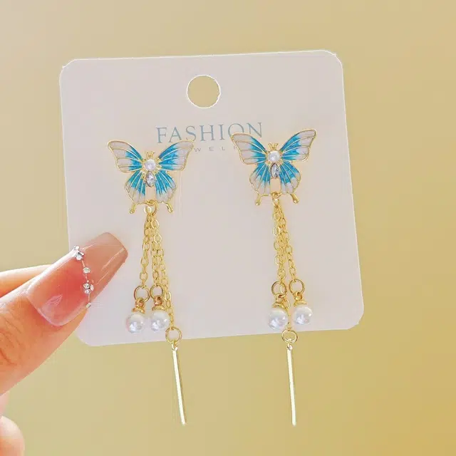 彤彤兔 蝴蝶流苏耳坠女小众设计高级感气质百搭耳钉耳饰品#好运 合金树脂 耳环 女款