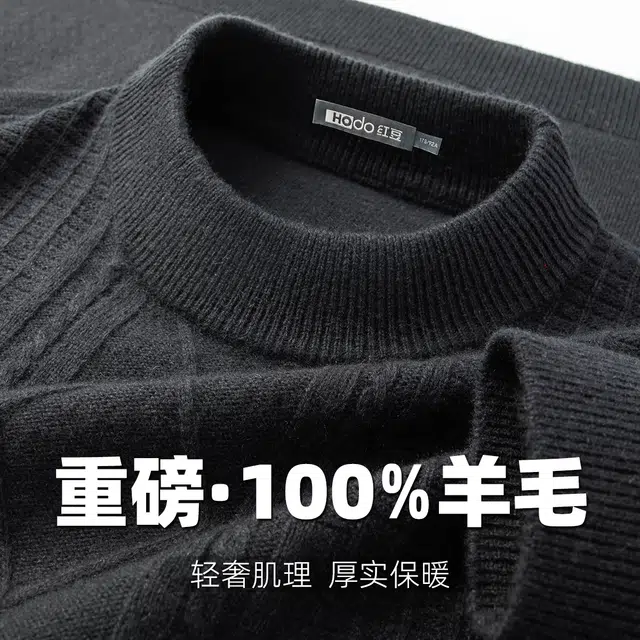 红豆 全羊毛重磅提花衫保暖打底针织衫圆领加厚秋冬百搭上衣毛衣 男款