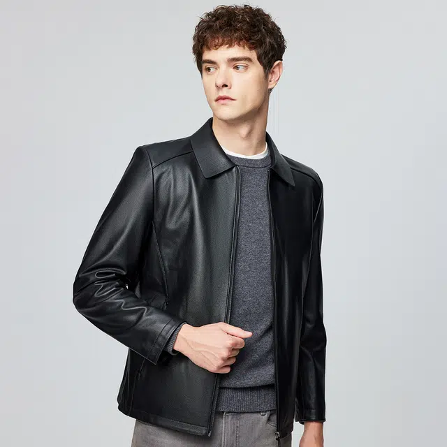 红豆 头层小牛皮高端真皮商务休闲荔枝纹翻领皮夹克通勤秋冬外套皮衣 男款