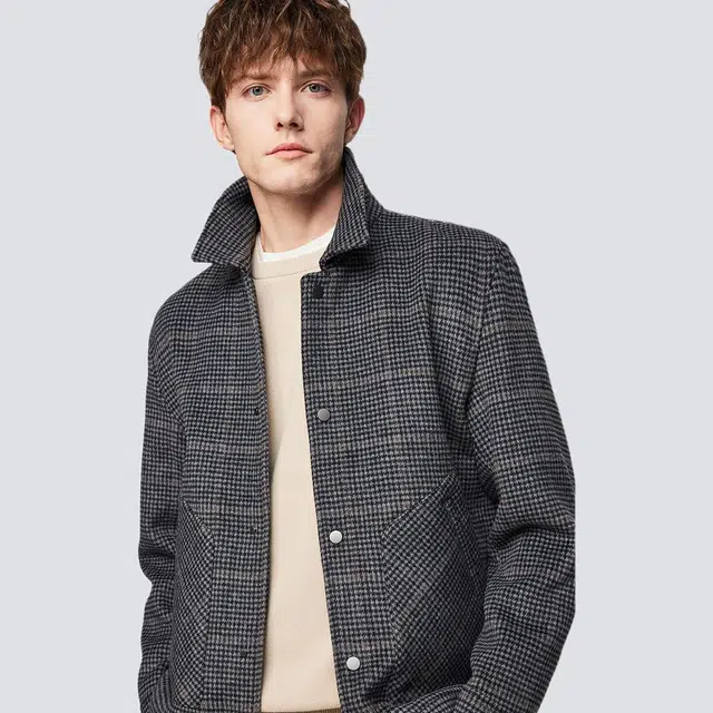 红豆 暖感羊毛格纹复古保暖毛呢翻领茄克衫口袋百搭秋冬季外套夹克 男款