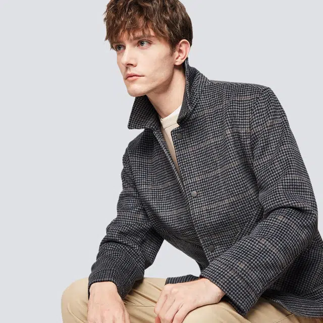 红豆 暖感羊毛格纹复古保暖毛呢翻领茄克衫口袋百搭秋冬季外套夹克 男款