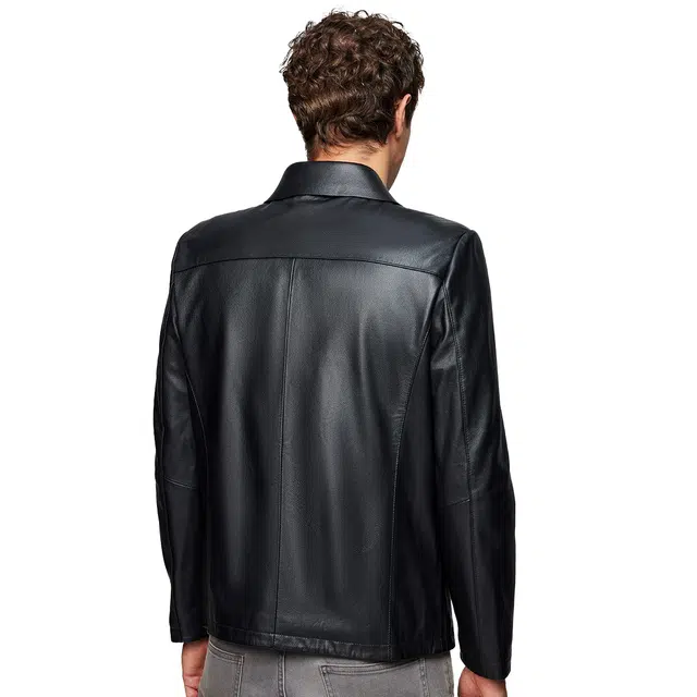 红豆 头层小牛皮高端真皮商务休闲荔枝纹翻领皮夹克通勤秋冬外套皮衣 男款