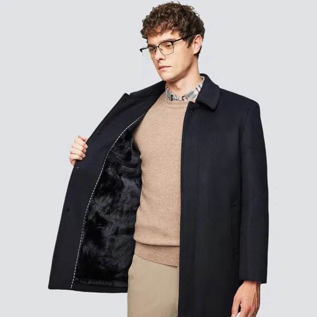 红豆 轻奢绵羊毛中长款毛呢加绒加厚保暖高级感夹克通勤秋冬外套大衣 男款