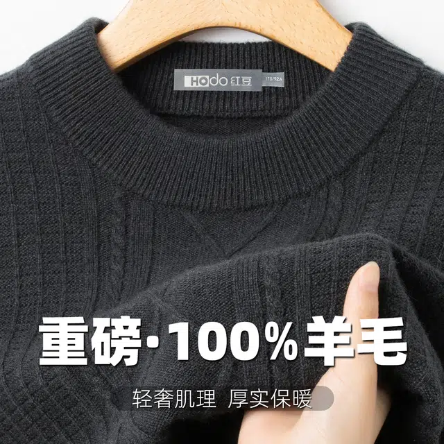 红豆 全羊毛重磅提花衫保暖打底针织衫圆领加厚秋冬百搭上衣毛衣 男款