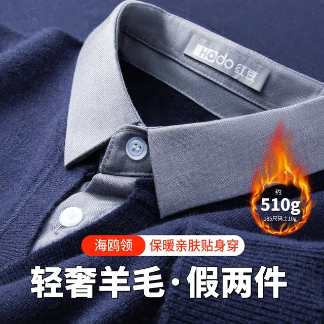 红豆 重磅羊毛保暖加厚假两件衬衫领秋冬针织衫内搭打底衫上衣毛衣 男款