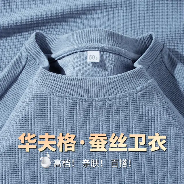 红豆 高档含桑蚕丝华夫格肌理亲肤易打理圆领套头休闲百搭长袖上衣卫衣 男款