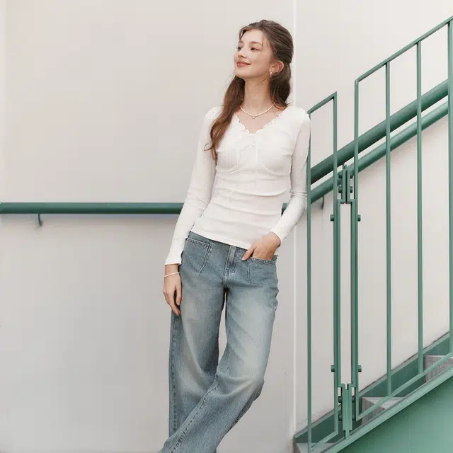 森马 水洗做旧高腰阔腿牛仔裤 女款 牛仔浅黄泥染