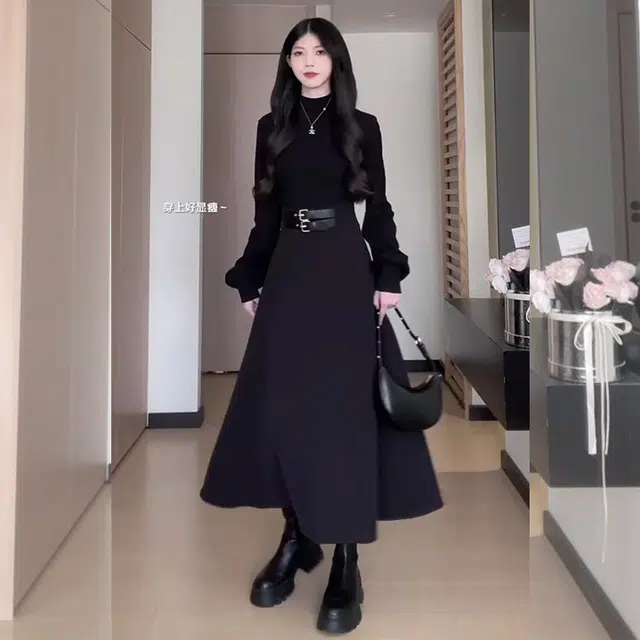 沐晓欣 文艺风法式简约赫本风半高领收腰内搭长袖连衣裙 女款 黑色