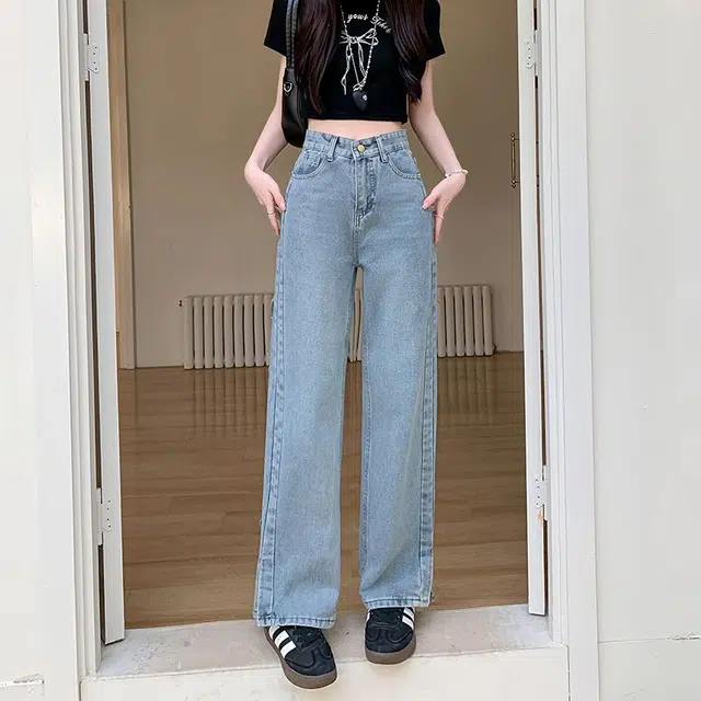 沐晓欣 法式慵懒风美式复古舒适毛边开叉小众设计感高腰垂感宽松显瘦直筒长裤牛仔裤 女款 蓝色