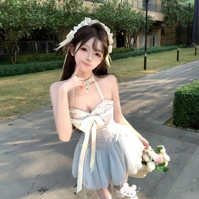 沐晓欣 甜美温柔风可爱仙女风蕾丝小蛋糕短裙收腰感舒适气质优雅吊带连衣裙 女款 蓝色