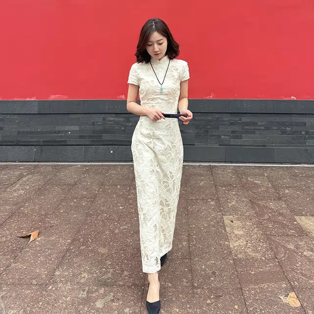 沐晓欣 高端优雅新中式国风改良显瘦高腰日常通勤旗袍气质绝美镂空设计感修身温柔收腰提花文艺时尚迷人大方短袖连衣裙 女款