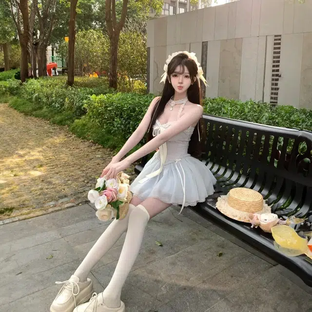 沐晓欣 甜美温柔风可爱仙女风蕾丝小蛋糕短裙收腰感舒适气质优雅吊带连衣裙 女款 蓝色