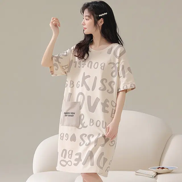 棉基因 韩系学院风休闲短袖小清新可爱家居服可外穿舒适柔软亲肤透气简约百搭夏季睡裙 女款