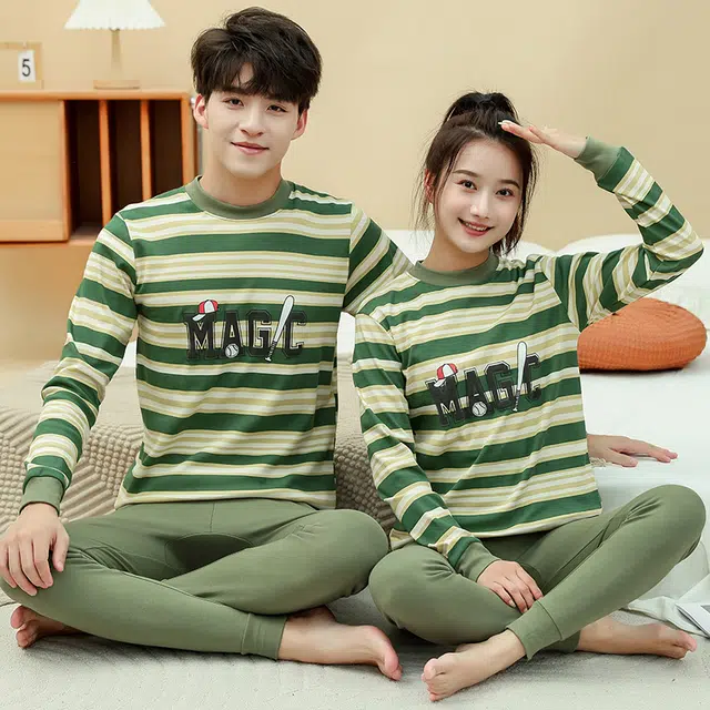 棉基因 舒适中领长袖上衣柔软亲肤长裤保暖套装 男女同款 绿茵梦想