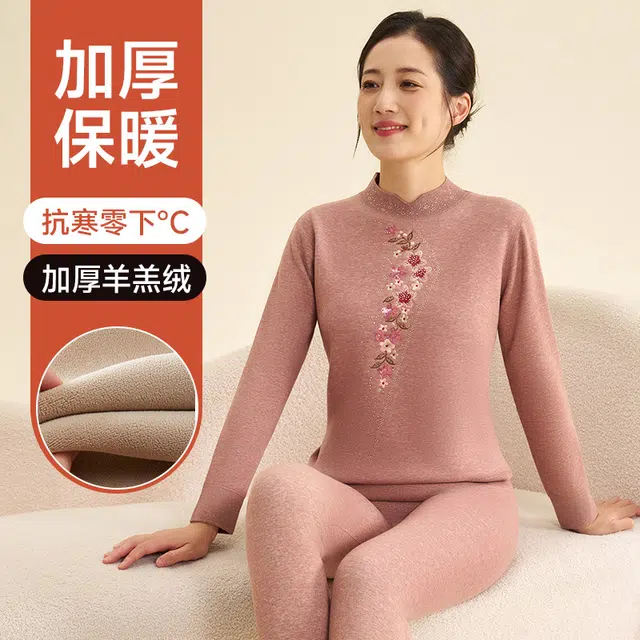 棉基因 中老年加绒加厚舒适柔软锁温优雅简约时尚减龄百搭气质显瘦妈妈装保暖套装 女款